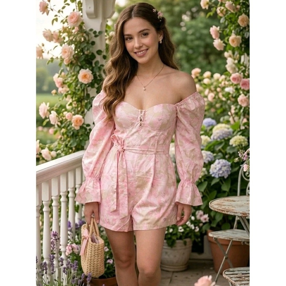 VALENTINA Floral Romper Corset Puff Sleeve Coquette Fairycore Pink Beige SM